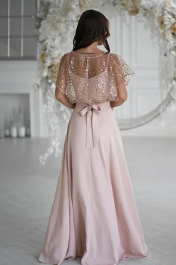 Robe de soirée longue beige chic pailletée