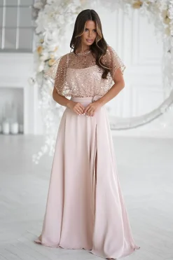 Robe de soirée longue beige chic pailletée