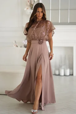 Robe de soirée longue beige fendue boléro pailleté