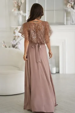 Robe de soirée longue beige fendue boléro pailleté