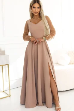 Robe de soirée longue beige manches transparentes