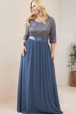 Robe de soirée longue bleu avec tulle et paillettes