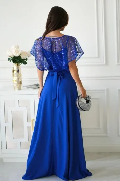 Robe de soirée longue bleue fendue haut pailleté