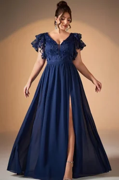 Robe de soirée longue bleue grande taille haut en dentelle brodée