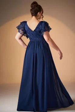 Robe de soirée longue bleue grande taille haut en dentelle brodée