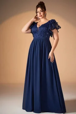 Robe de soirée longue bleue grande taille haut en dentelle brodée