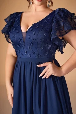 Robe de soirée longue bleue grande taille haut en dentelle brodée