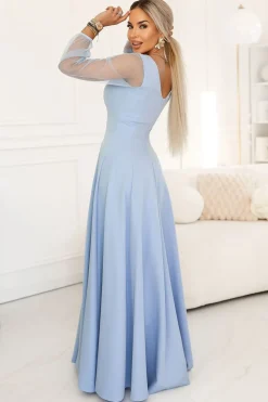 Robe de soirée longue bleue manches transparentes