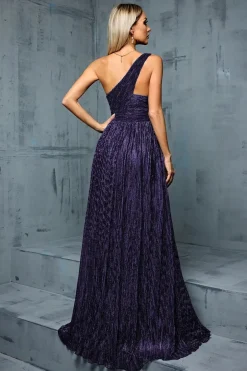 Robe de soirée longue bleue à une épaule avec fil métallique