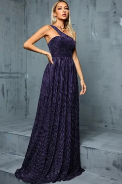 Robe de soirée longue bleue à une épaule avec fil métallique