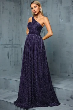 Robe de soirée longue bleue à une épaule avec fil métallique