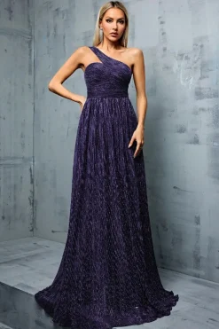 Robe de soirée longue bleue à une épaule avec fil métallique