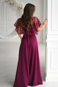 Robe de soirée longue bordeaux avec boléro à sequins