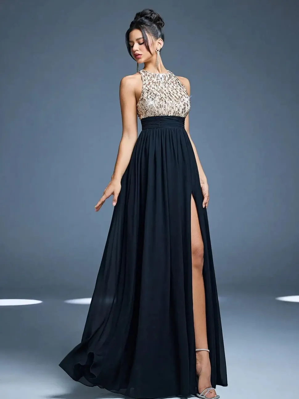 Robe de soirée longue chic haut en paillettes