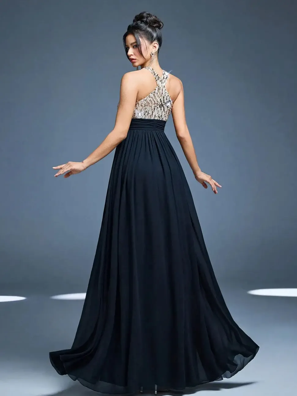 Robe de soirée longue chic haut en paillettes