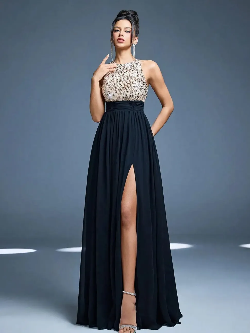 Robe de soirée longue chic haut en paillettes