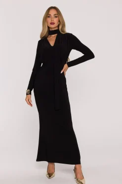 Robe de soirée longue chic noire manches longues
