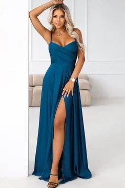 Robe de soirée longue fendue bleue