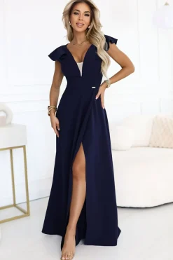 Robe de soirée longue fendue chic en bleu marine