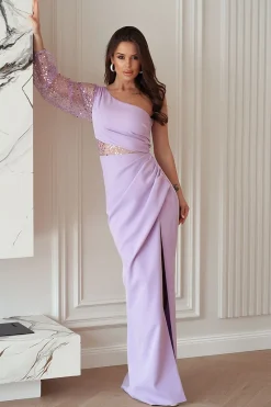 Robe de soirée longue fendue lilas