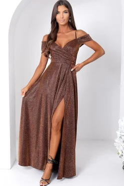 Robe de soirée longue fendue pailletée marron