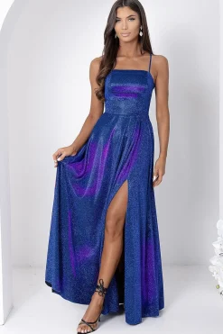 Robe de soirée longue fendue pailletée bleue