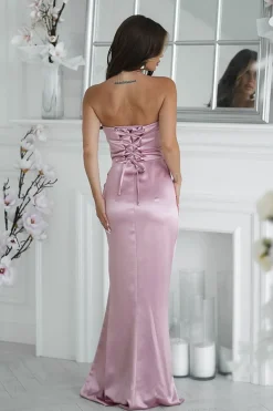 Robe de soirée longue fendue satin rose