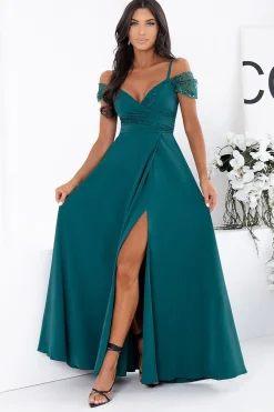Robe de soirée longue fendue verte émeraude