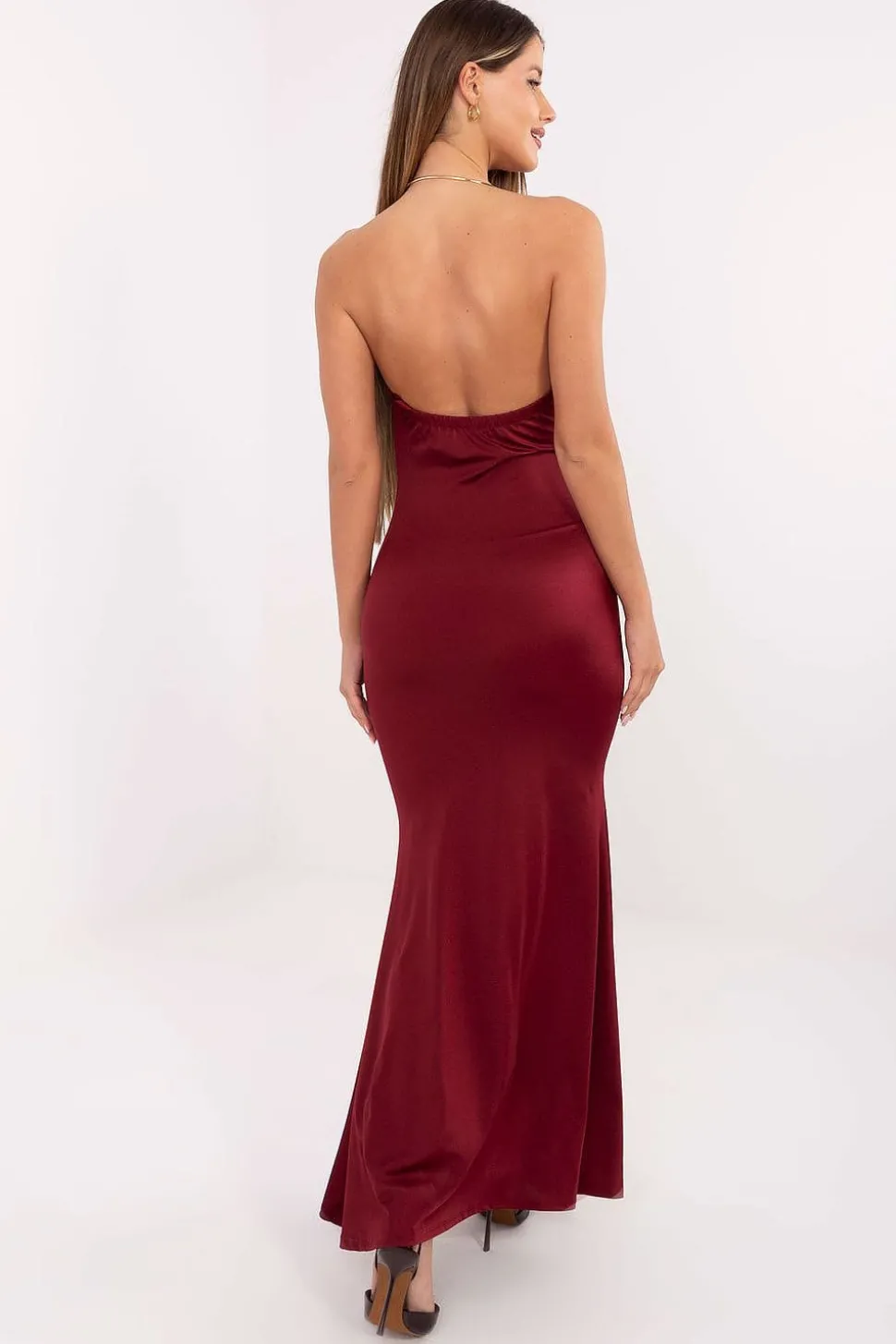 Robe de soirée longue moulante bordeaux sans manches