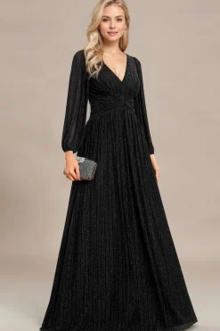 Robe de soirée longue noire manches longues col en V