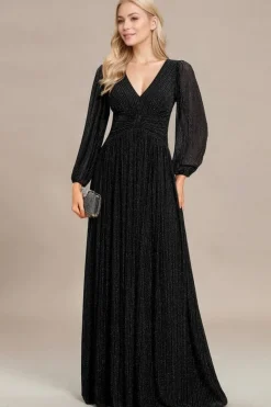 Robe de soirée longue noire manches longues col en V