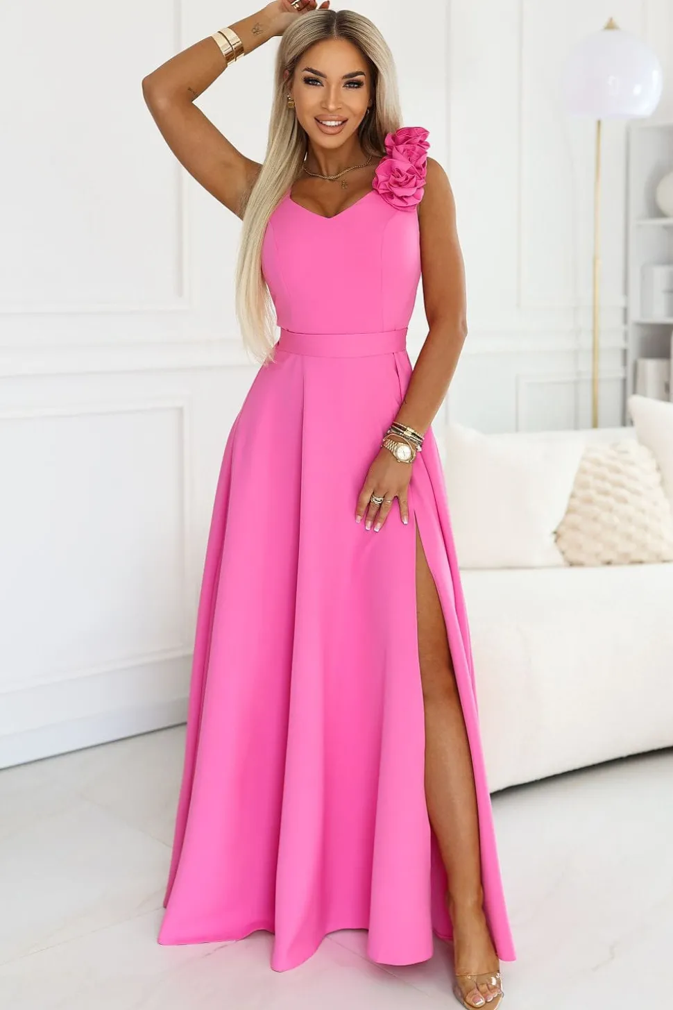 Robe de soirée longue rose fendue chic