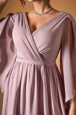 Robe de soirée longue rose poudré grande taille manches fluides