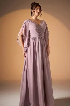 Robe de soirée longue rose poudré grande taille manches fluides