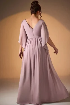 Robe de soirée longue rose poudré grande taille manches fluides