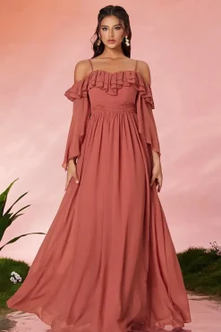 Robe de soirée longue terracotta avec col à volants manches longues