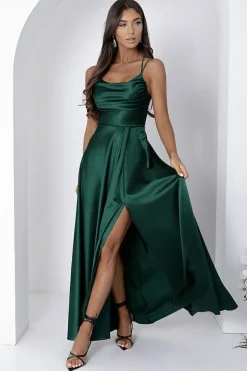 Robe de soirée longue verte fendue satinée