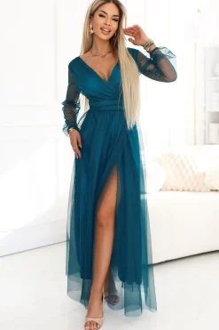 Robe de soirée longue verte fendue