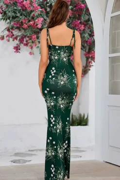 Robe de soirée longue verte motif fleuri