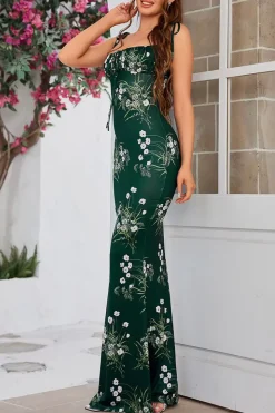 Robe de soirée longue verte motif fleuri