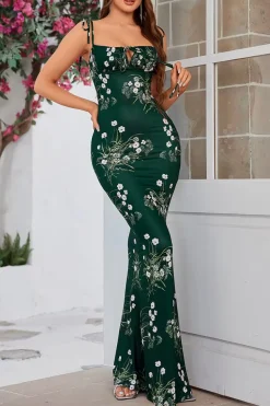 Robe de soirée longue verte motif fleuri