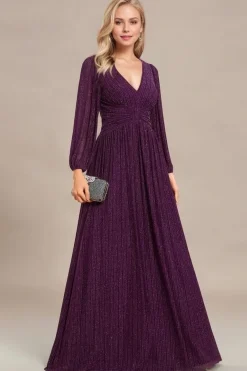 Robe de soirée longue violette manches longues