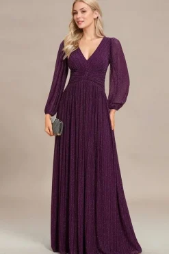Robe de soirée longue violette manches longues
