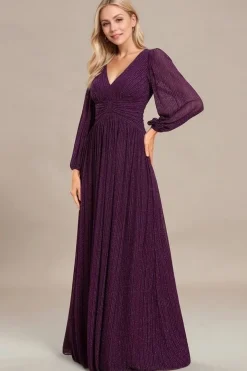 Robe de soirée longue violette manches longues