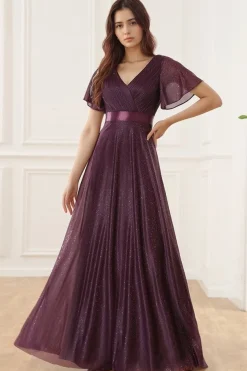 Robe de soirée longue violette scintillante