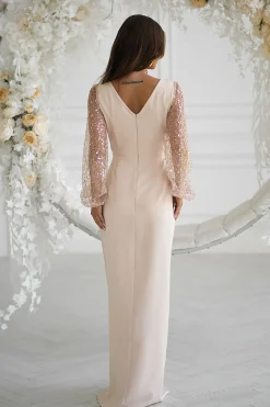 Robe de soirée mariage beige longue chic