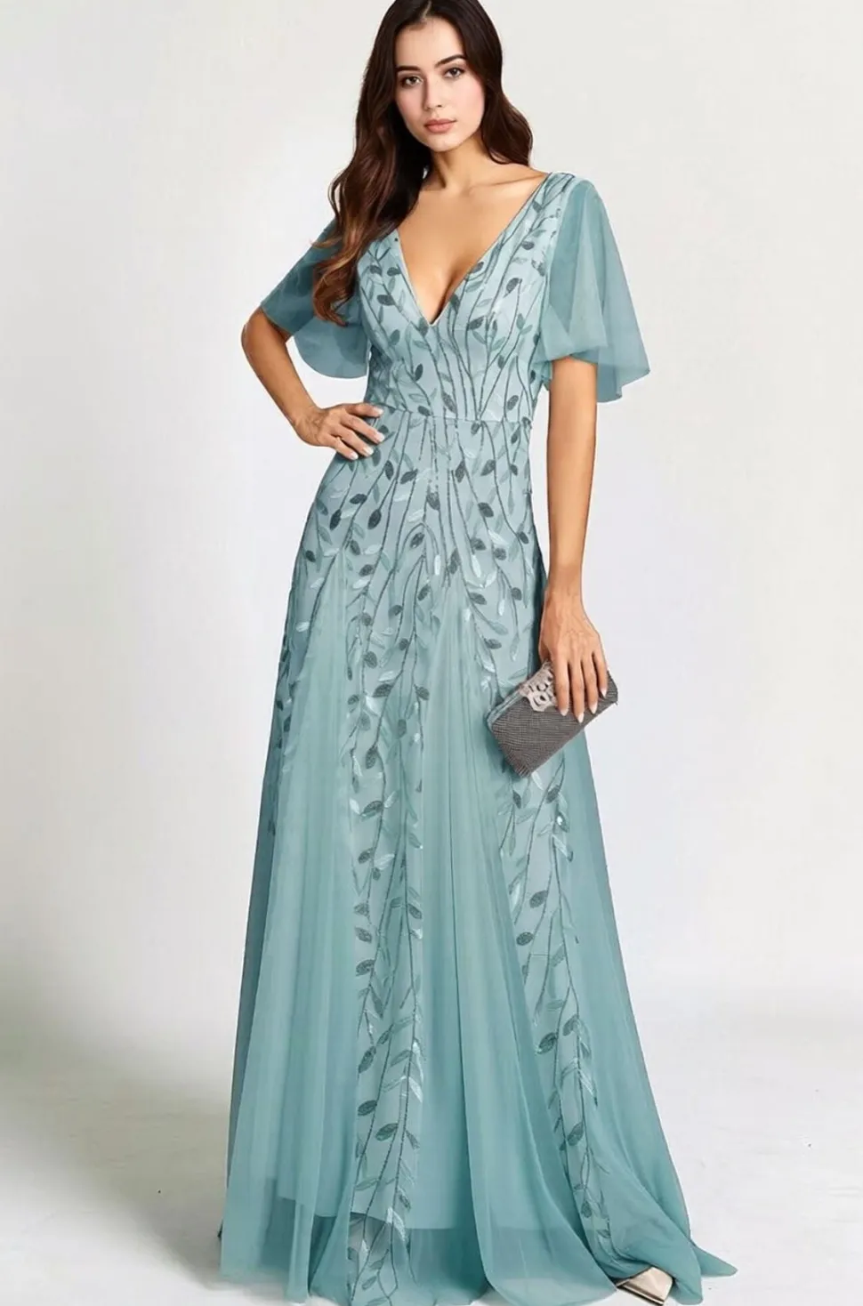 Robe de soirée mariage bleue manches courtes