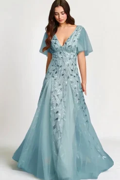 Robe de soirée mariage bleue manches courtes