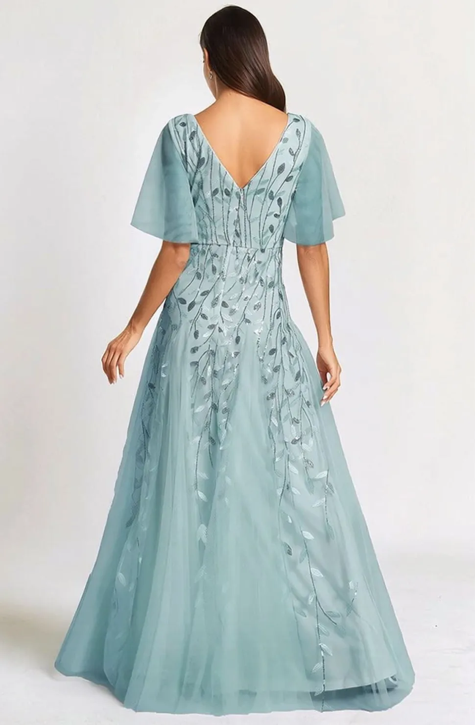 Robe de soirée mariage bleue manches courtes