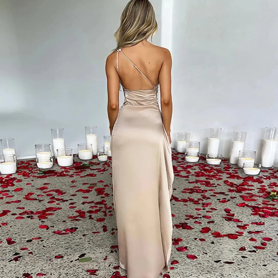 Robe de soirée mariage fendue asymétrique satin
